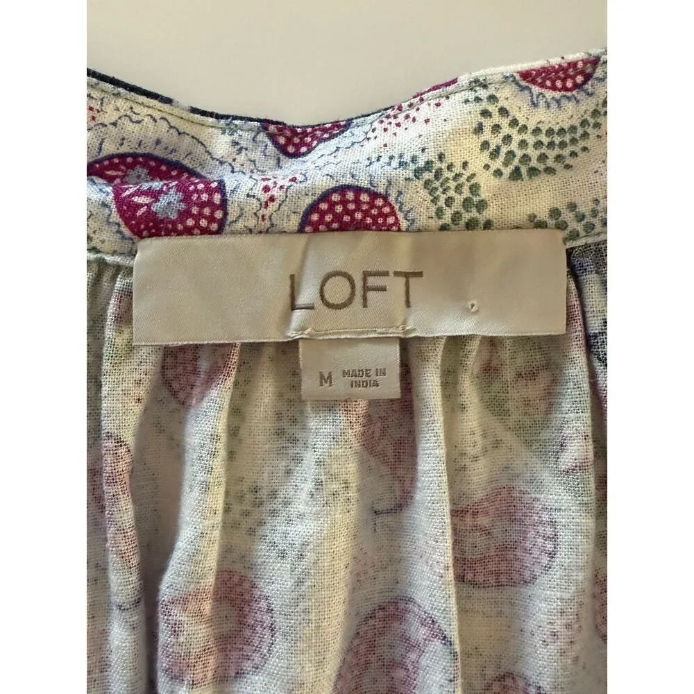 Loft Linen Blend Patchwork Blouse Top Balloon Sleeve Peasant Floral‎ Paisley Med